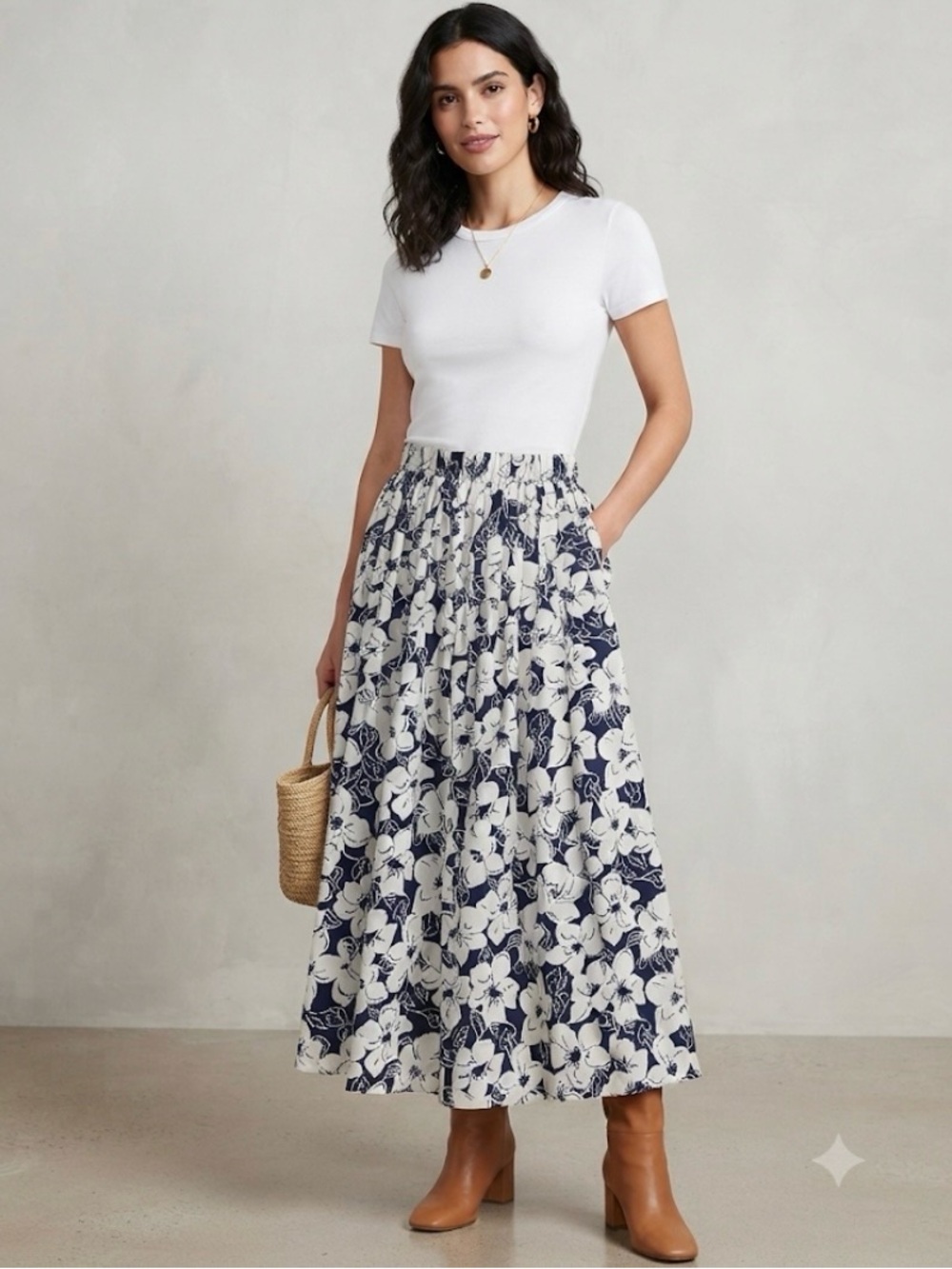 Vintage 70s Devon A-line pleated maxi skirt navy white floral elastic waist M US